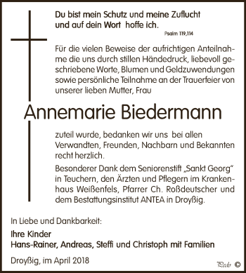 Traueranzeige von Annemarie Biedermann von Super Sonntag Zeitz