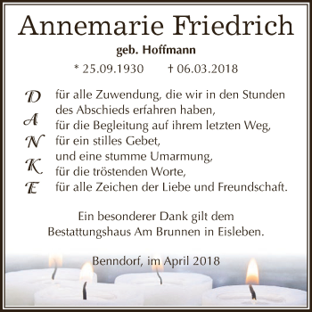 Traueranzeige von Annemarie Friedrich von Super Sonntag SGH Mansf. Land