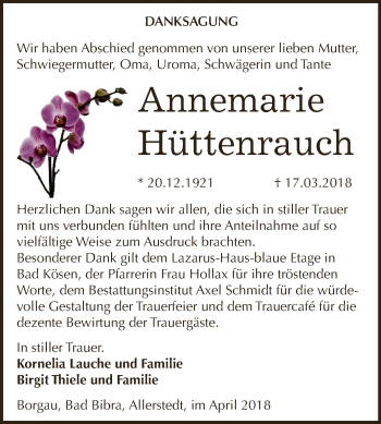 Traueranzeige von Annemarie Hüttenrauch von WVG - Wochenspiegel NMB / WSF / ZTZ