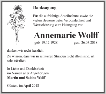 Traueranzeige von Annemarie Wolff von Super Sonntag Bernburg