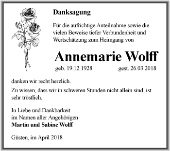 Traueranzeige von Annemarie Wolff von Mitteldeutsche Zeitung Bernburg
