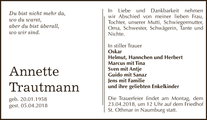  Traueranzeige für Annette Trautmann vom 18.04.2018 aus WVG - Wochenspiegel NMB / WSF / ZTZ