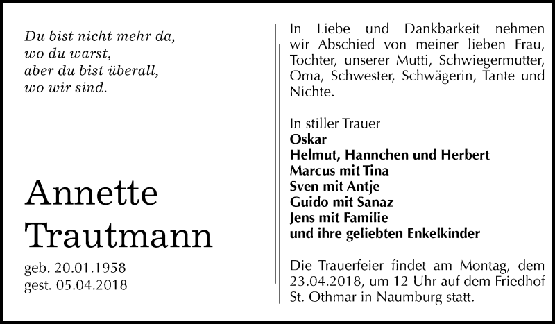  Traueranzeige für Annette Trautmann vom 14.04.2018 aus Mitteldeutsche Zeitung