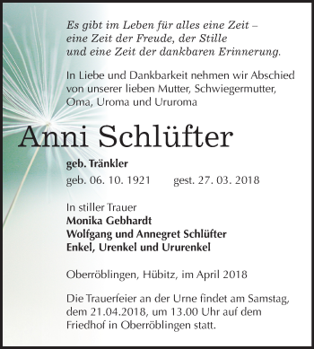 Traueranzeige von Anni Schlüfter von Mitteldeutsche Zeitung Sangerhausen