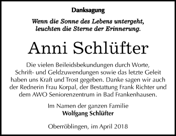 Traueranzeige von Anni Schlüfter von Mitteldeutsche Zeitung Sangerhausen