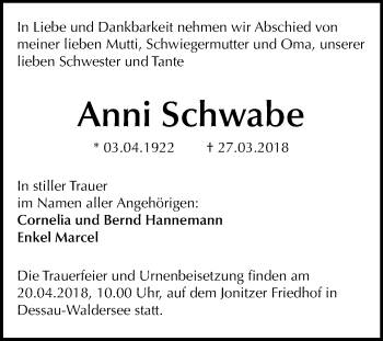 Traueranzeige von Anni Schwabe von Mitteldeutsche Zeitung Dessau-Roßlau
