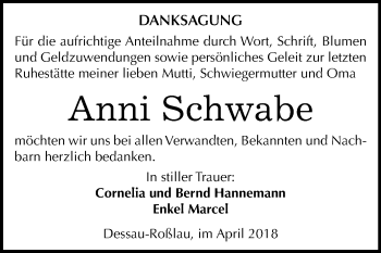 Traueranzeige von Anni Schwabe von Mitteldeutsche Zeitung Dessau-Roßlau