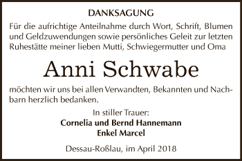 Traueranzeige von Anni Schwabe von WVG - Wochenspiegel Dessau / Köthen