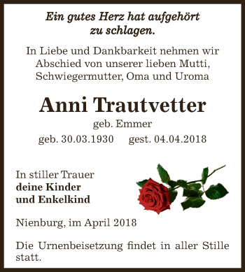 Traueranzeige von Anni Trautvetter von Super Sonntag Bernburg