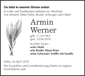 Traueranzeige von Armin Werner von WVG - Wochenspiegel Merseburg