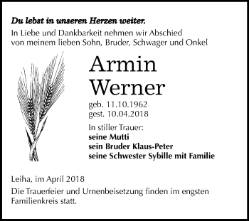 Traueranzeige von Armin Werner von Mitteldeutsche Zeitung Merseburg/Querfurt