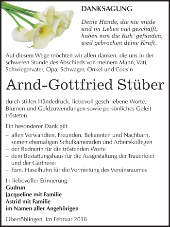 Traueranzeige von Arnd-Gottfried Stüber von Mitteldeutsche Zeitung Sangerhausen