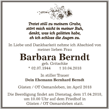 Traueranzeige von Barbara Berndt von Super Sonntag Bernburg