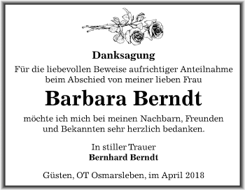 Traueranzeige von Barbara Berndt von Mitteldeutsche Zeitung Bernburg