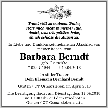 Traueranzeige von Barbara Berndt von Mitteldeutsche Zeitung Bernburg