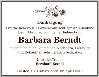 Traueranzeige von Barbara Berndt von Super Sonntag Bernburg