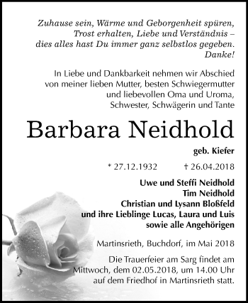 Traueranzeige von Barbara Neidhold von Mitteldeutsche Zeitung Sangerhausen