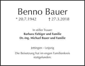 Traueranzeige von Benno Bauer von WVG - Wochenspiegel Merseburg