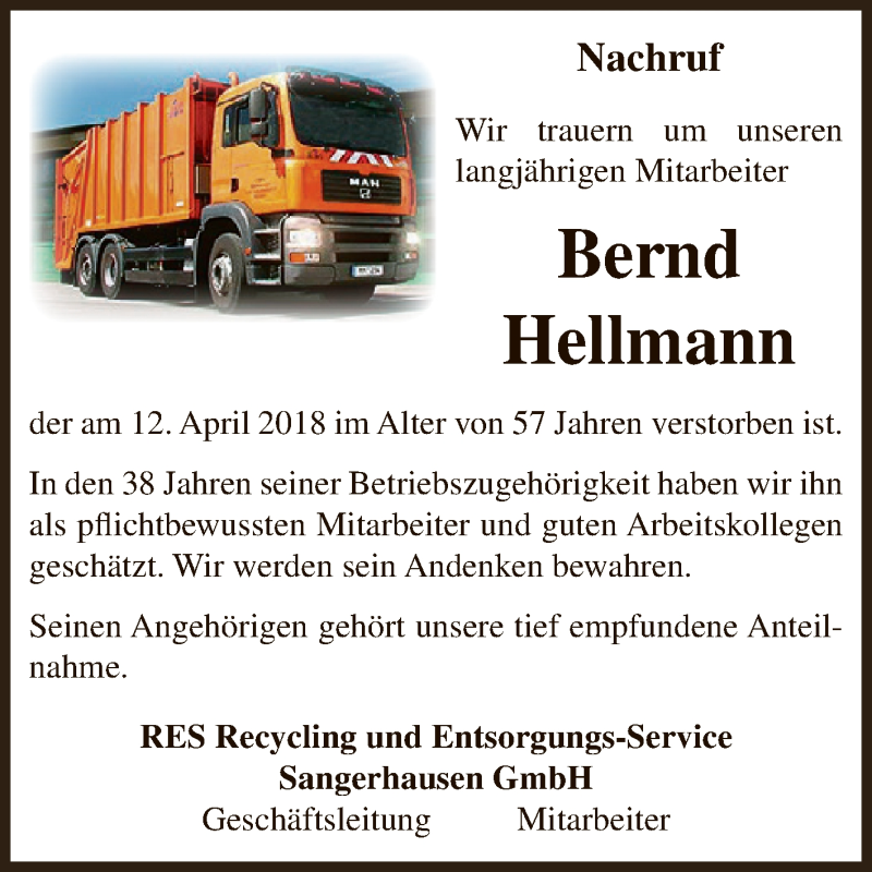  Traueranzeige für Bernd Hellmann vom 21.04.2018 aus Super Sonntag SGH Mansf. Land