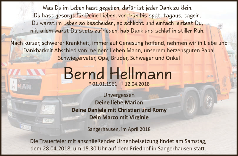 Traueranzeige für Bernd Hellmann vom 21.04.2018 aus Super Sonntag SGH Mansf. Land