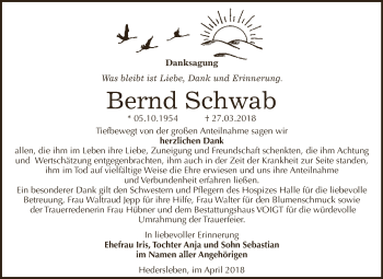 Traueranzeige von Bernd Schwab von Wochenspiegel Mansfelder Land