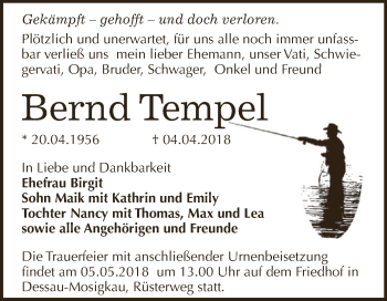 Traueranzeige von Bernd Tempel von WVG - Wochenspiegel Dessau / Köthen