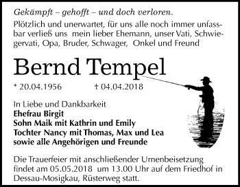 Traueranzeige von Bernd Tempel von Mitteldeutsche Zeitung Dessau-Roßlau