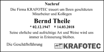 Traueranzeige von Bernd Theile von Super Sonntag Wittenberg