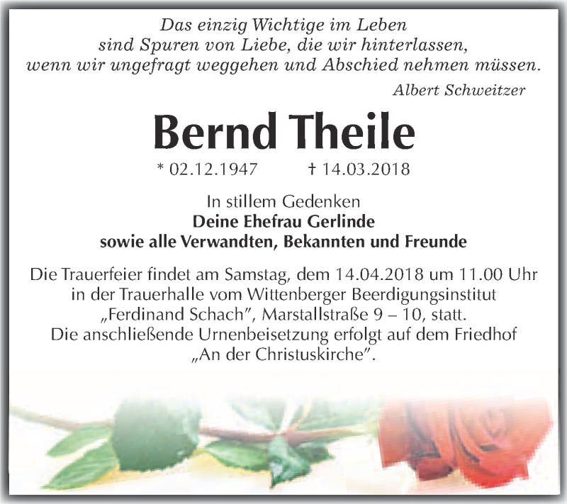  Traueranzeige für Bernd Theile vom 07.04.2018 aus WVG - Wochenspiegel Wittenberg