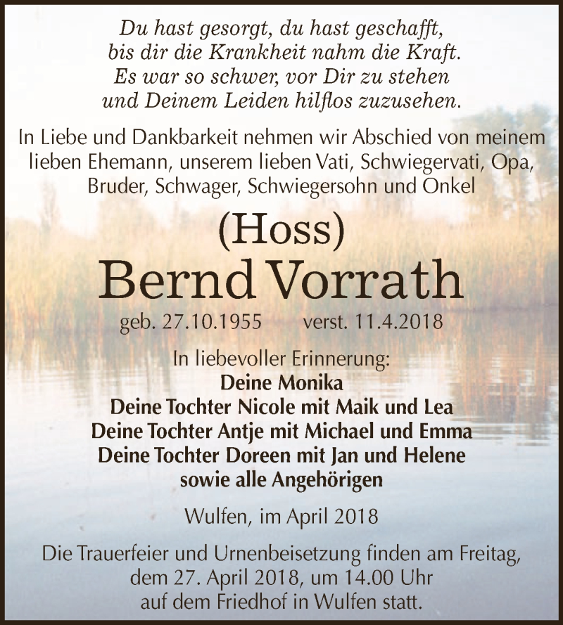  Traueranzeige für Bernd Vorrath vom 14.04.2018 aus WVG - Wochenspiegel Dessau / Köthen