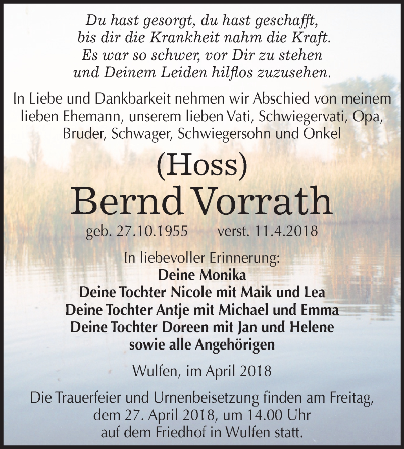  Traueranzeige für Bernd Vorrath vom 14.04.2018 aus Mitteldeutsche Zeitung Köthen