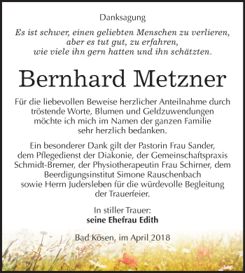 Traueranzeige von Bernhard Metzner von Mitteldeutsche Zeitung