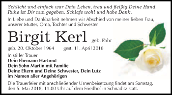 Traueranzeige von Birgit Kerl von WVG - Wochenspiegel Bitterfeld