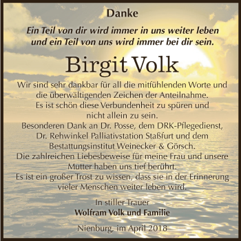 Traueranzeige von Birgit Volk von Super Sonntag Bernburg