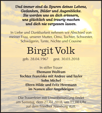 Traueranzeige von Birgit Volk von Mitteldeutsche Zeitung Bernburg