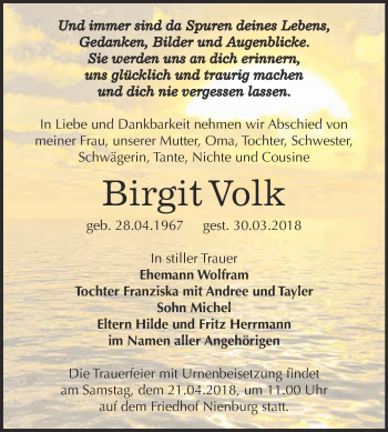 Traueranzeige von Birgit Volk von Super Sonntag Bernburg