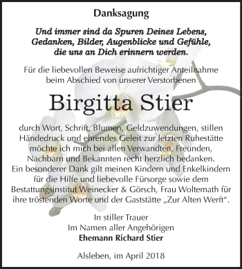 Traueranzeige von Birgitta Stier von Mitteldeutsche Zeitung Bernburg