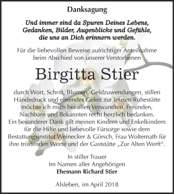 Traueranzeige von Birgitta Stier von Super Sonntag Bernburg
