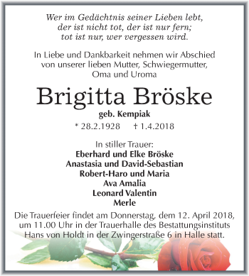 Traueranzeige von Brigitta Bröske von Mitteldeutsche Zeitung Halle/Saalkreis