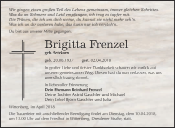 Traueranzeige von Brigitta Frenzel von WVG - Wochenspiegel Wittenberg