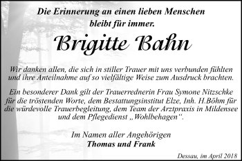 Traueranzeige von Brigitte Bahn von Mitteldeutsche Zeitung Dessau-Roßlau