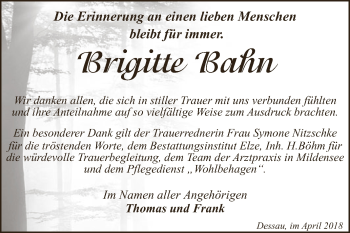 Traueranzeige von Brigitte Bahn von WVG - Wochenspiegel Dessau / Köthen