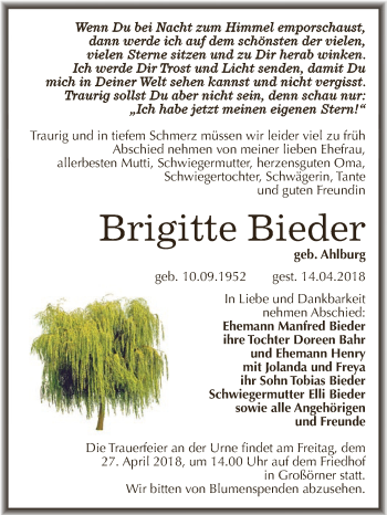 Traueranzeige von Brigitte Bieder von Super Sonntag SGH Mansf. Land