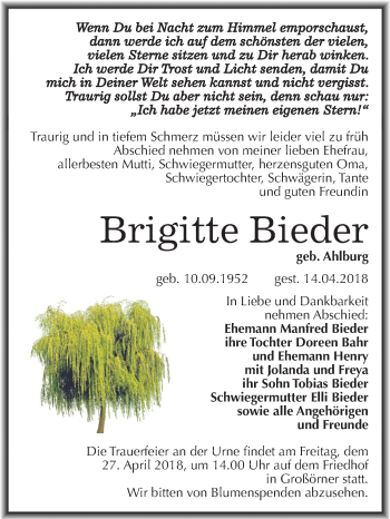 Traueranzeige von Brigitte Bieder von Mitteldeutsche Zeitung