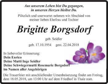 Traueranzeige von Brigitte Borgsdorf von Super Sonntag Quedlinburg