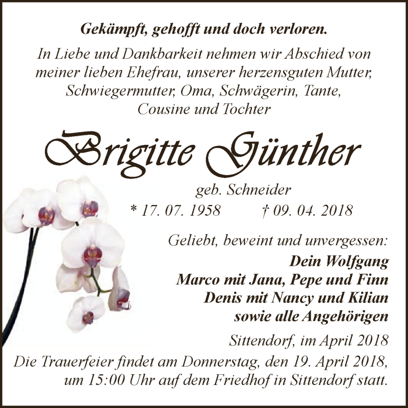  Traueranzeige für Brigitte Günther vom 14.04.2018 aus Super Sonntag SGH Mansf. Land