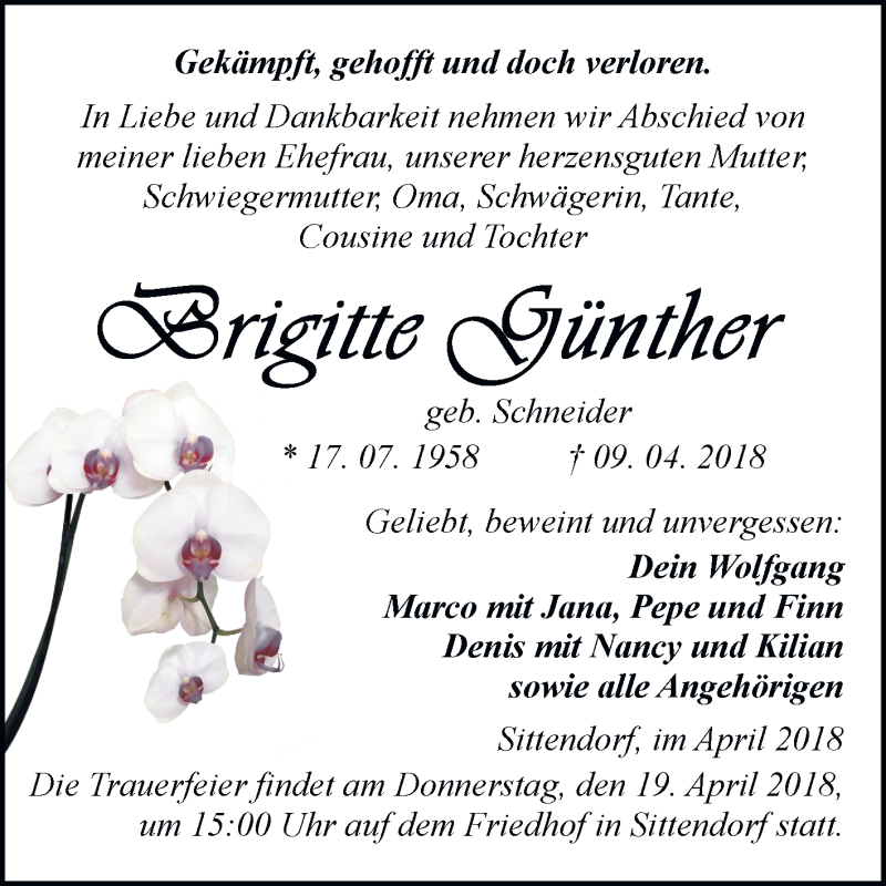  Traueranzeige für Brigitte Günther vom 14.04.2018 aus Mitteldeutsche Zeitung