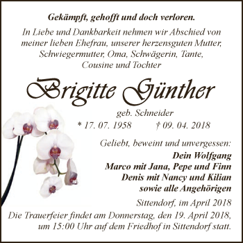 Traueranzeige von Brigitte Günther von Super Sonntag SGH Mansf. Land