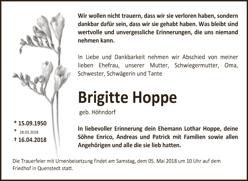  Traueranzeige für Brigitte Hoppe vom 25.04.2018 aus Super Sonntag Aschersleben