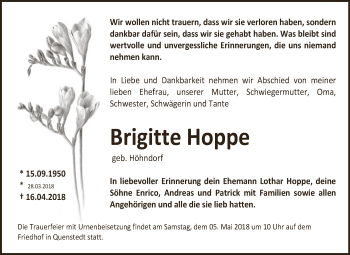 Traueranzeige von Brigitte Hoppe von Super Sonntag Aschersleben